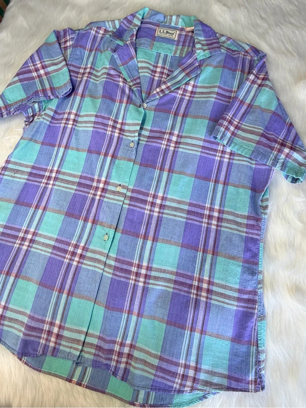 Vintage L.L. Bean Plaid Shirt Sz 18 Made in USA Purple Teal Short Sleeve
